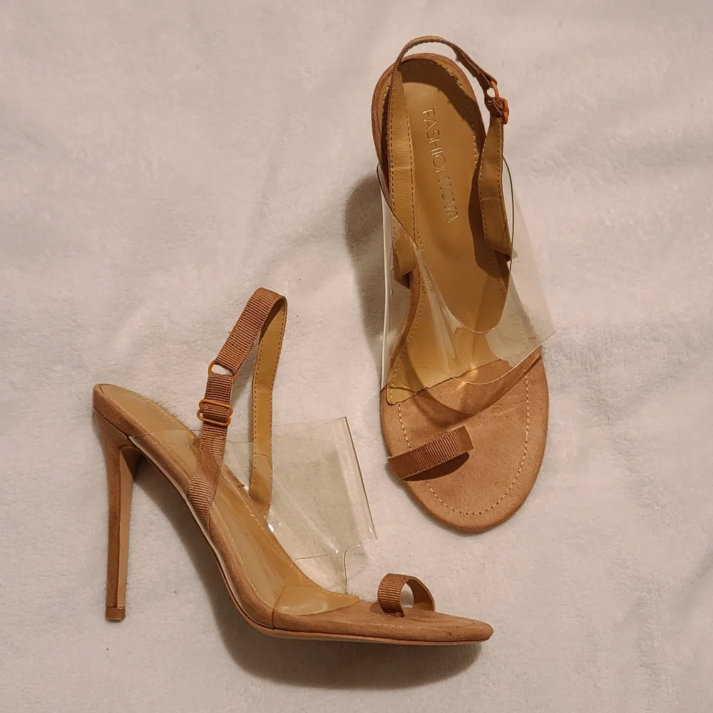 Fashion Nova | Sling back Sandal Heels Faux Suede Nude Size 8.5